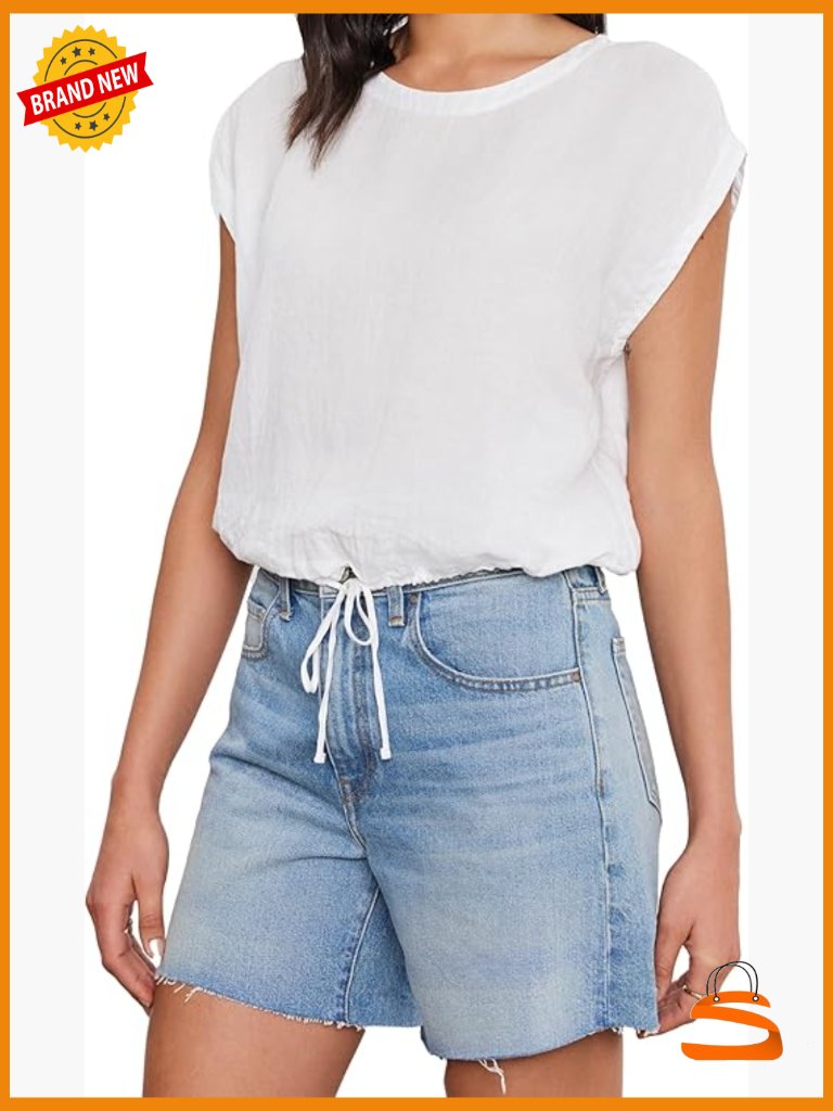 Women's Linen Tank Top Short Sleeve Crew Neck Drawstring - Bayla